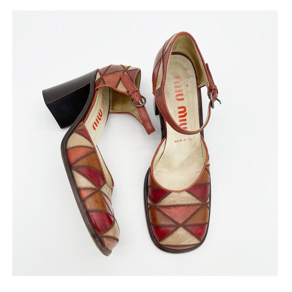 Miu Miu Vintage 90s Patchwork Leather Mary Jane Block Heel Pumps Rare IT 40.5
